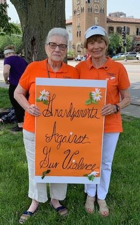 Ann and Mary at our Gun Violence Awareness Day demonstration at J.C. Nichols Fountain